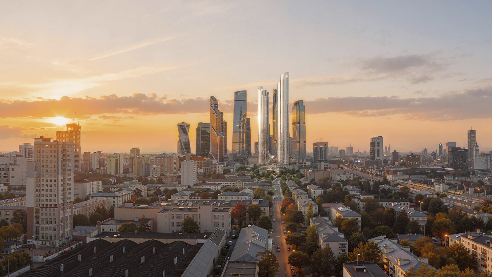 Панорама Сити-2 и Москва-Сити вечером с башнями ЖК «Аурус Резиденции», визуализация