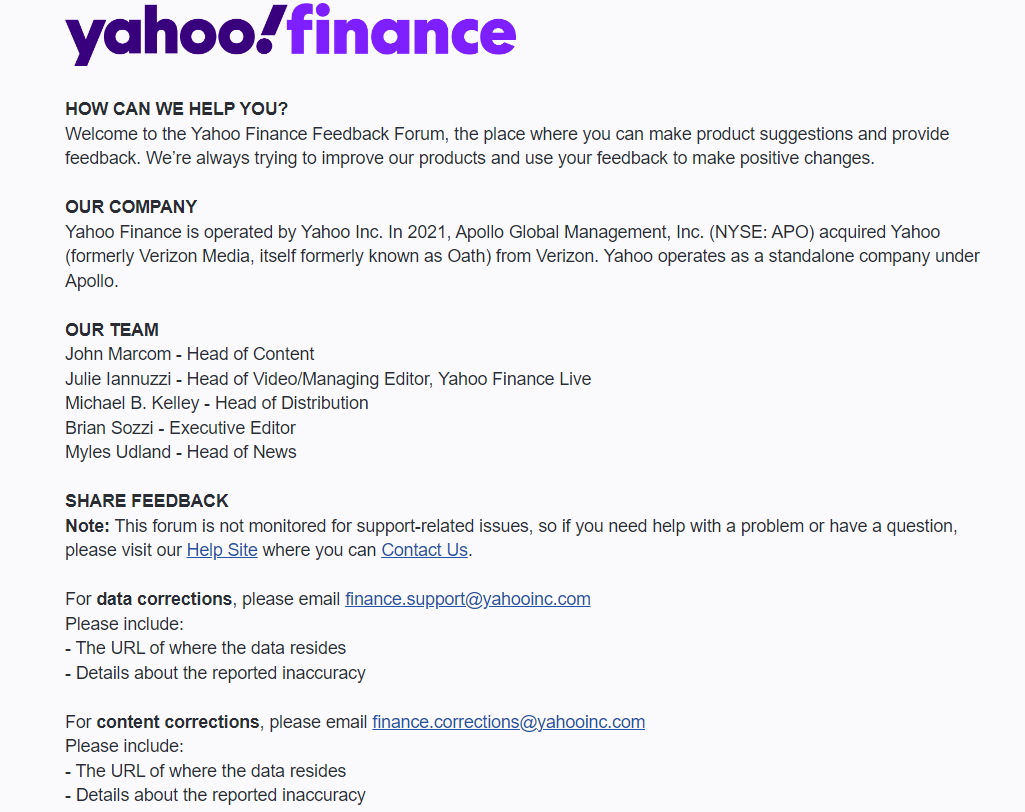 Yahoo Finance submission details