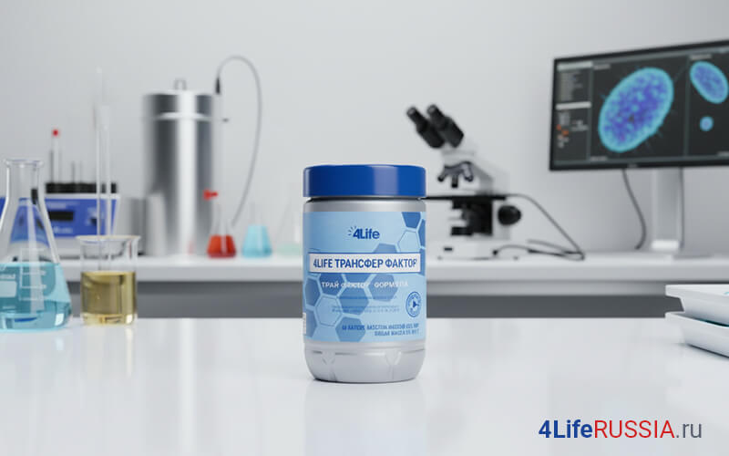 Банка 4Life Transfer Factor Tri-Factor Formula на лабораторном фоне: колбы, пробирки и микроскоп