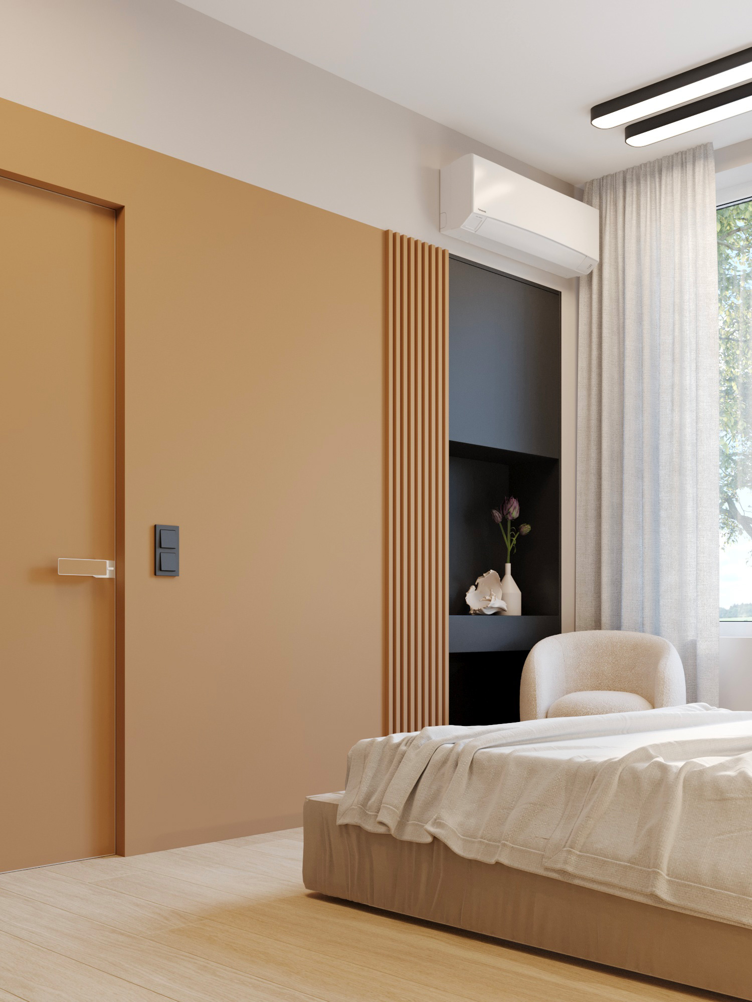 Mur minimaliste avec lattes peintes couleur moutarde dans un appartement avec aménagement petit salon