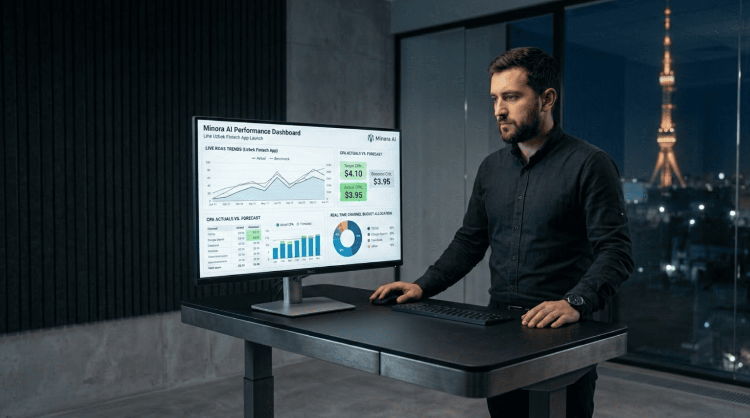 CMO at a Tashkent office reviewing Minora AI's live performance dashboard showing real-time ROAS optimization, CPA forecast vs. actuals, and autonomous budget reallocation across 450+ channels.