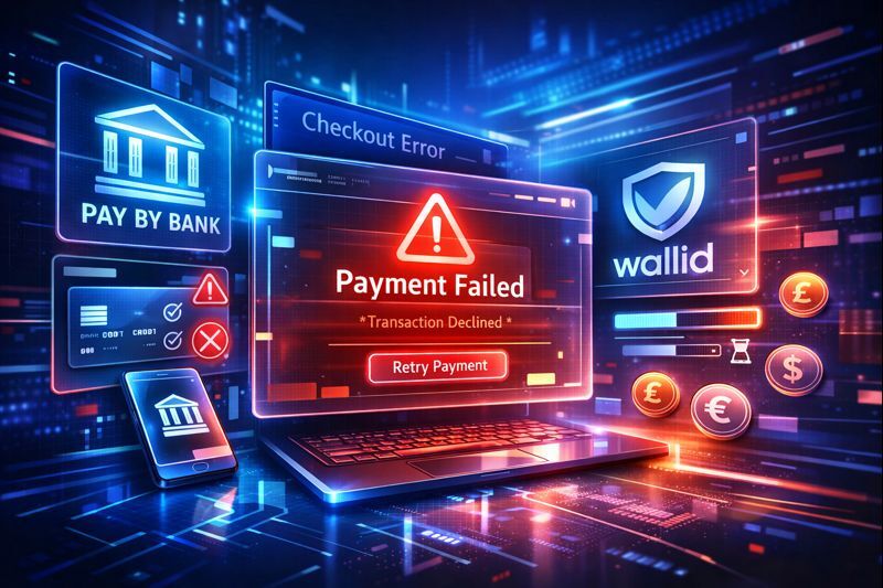 Futuristic illustration showing a WooCommerce checkout payment failure, with pay-by-bank elements and Wallid branding highlighting reliable payment alternatives