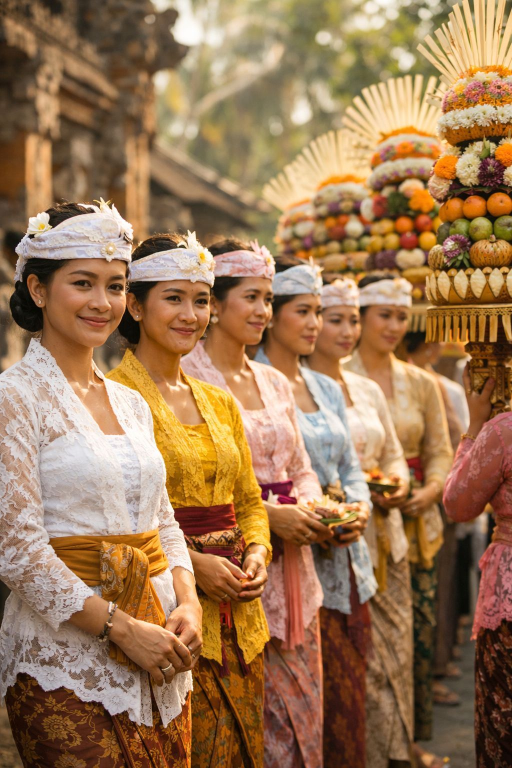 Kebersamaan perempuan Bali dalam barisan tradisi mapeed membawa persembahan