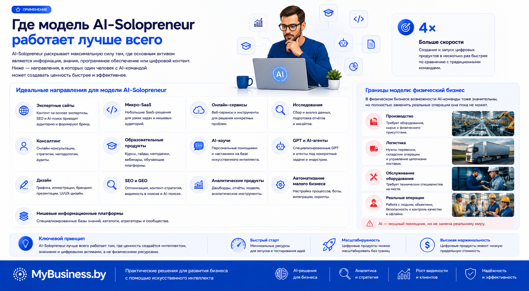 Где применяется AI-Solopreneur — микро-SaaS, экспертные сайты, AI-агенты, консалтинг, дизайн, SEO, GEO и автоматизация бизнеса