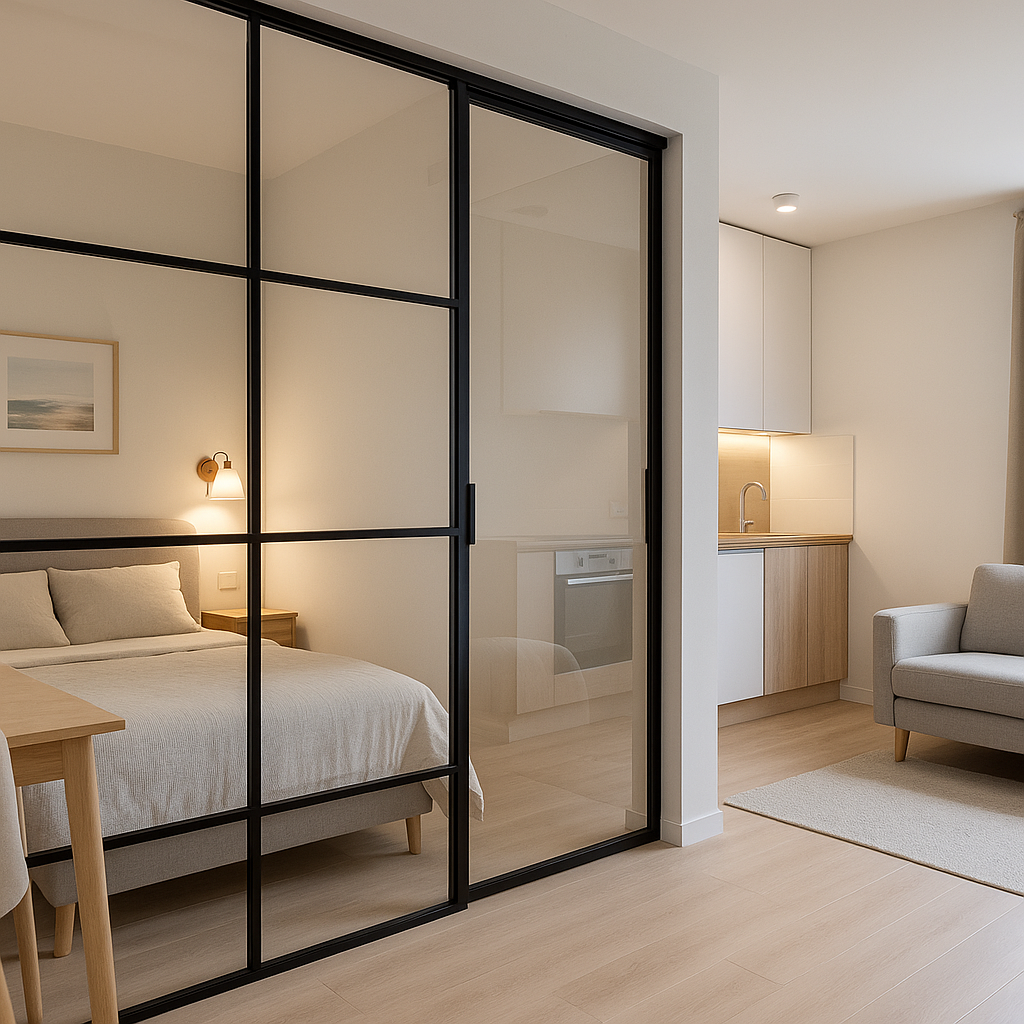 Зонирование студии стеклянной перегородкой: зона спальни и кухня-гостиная в одном пространстве