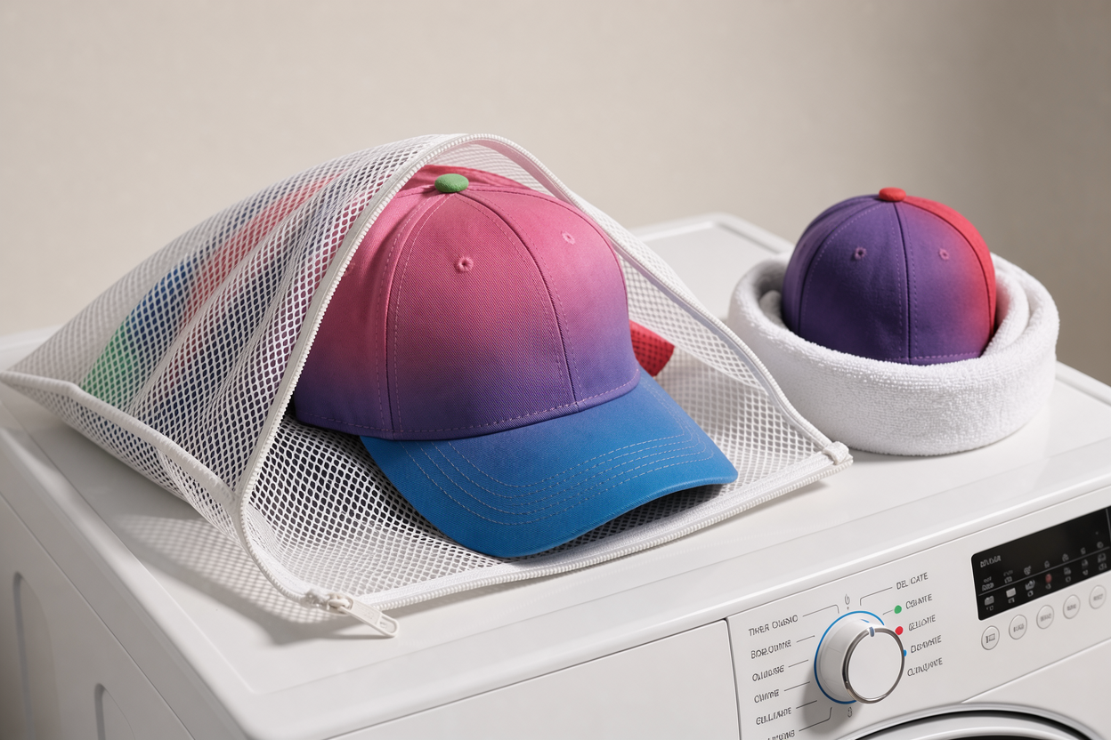 a mesh laundry bag with a cap inside on top of a washing machine dial set to delicate, nearby cap form like a bowl or rolled towel, neutral background