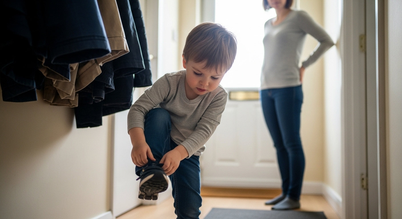 трёхлетний ребёнок самостоятельно надевает обувь в прихожей как проявление кризиса трёх лет