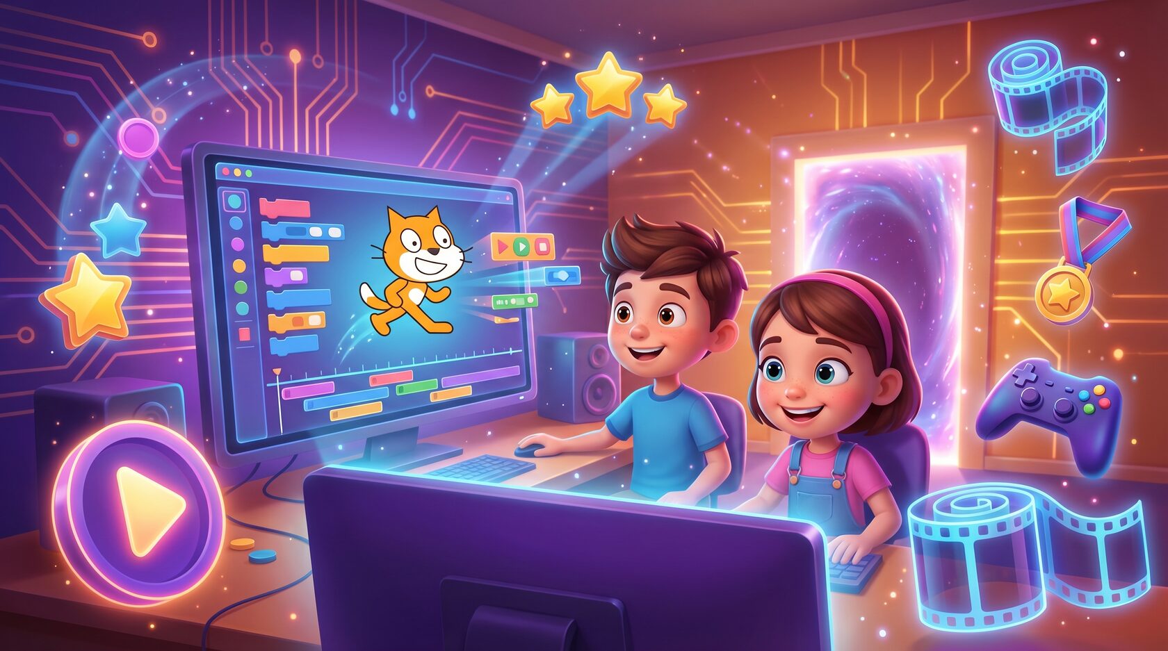 Создание скретч мультфильма ребенком на ноутбуке с помощью визуальных блоков