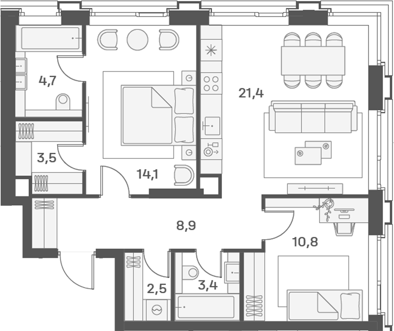 3-комн 80 м²