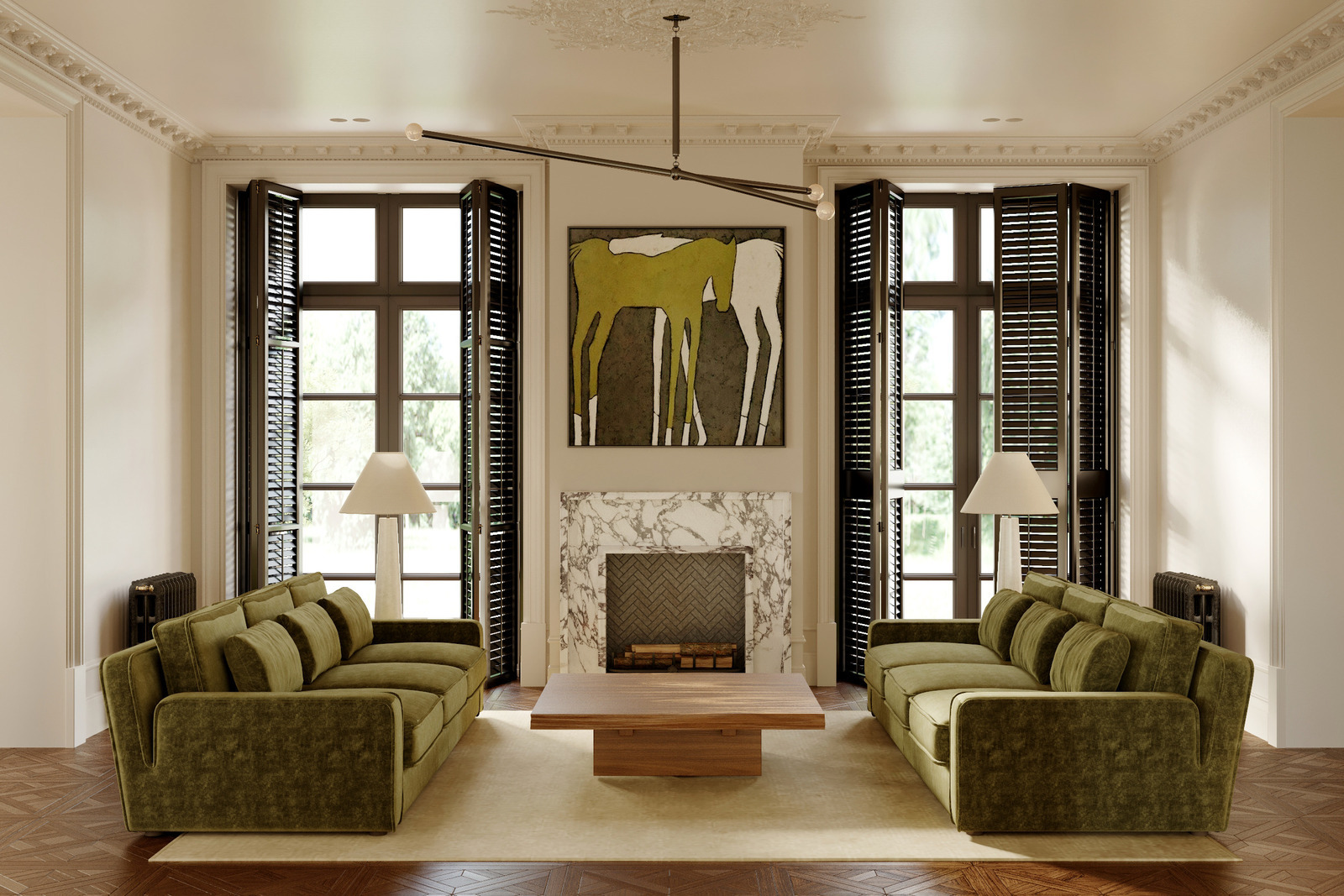 Люстра Apparatus, шаттерсы, диваны Meridiani, мраморный портал камина в интерьере дизайнера Екатерины Фёдоровой