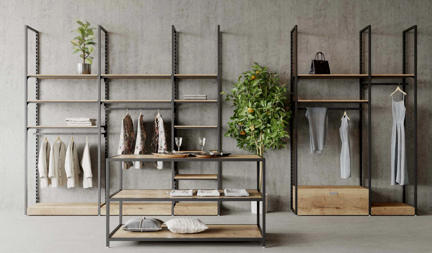 стеллажи для магазина одежды в интерьере