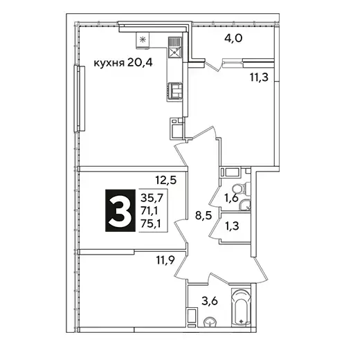 Планировка ЖК Новые Сезоны 2 — Трёхкомнатные: вариант 4