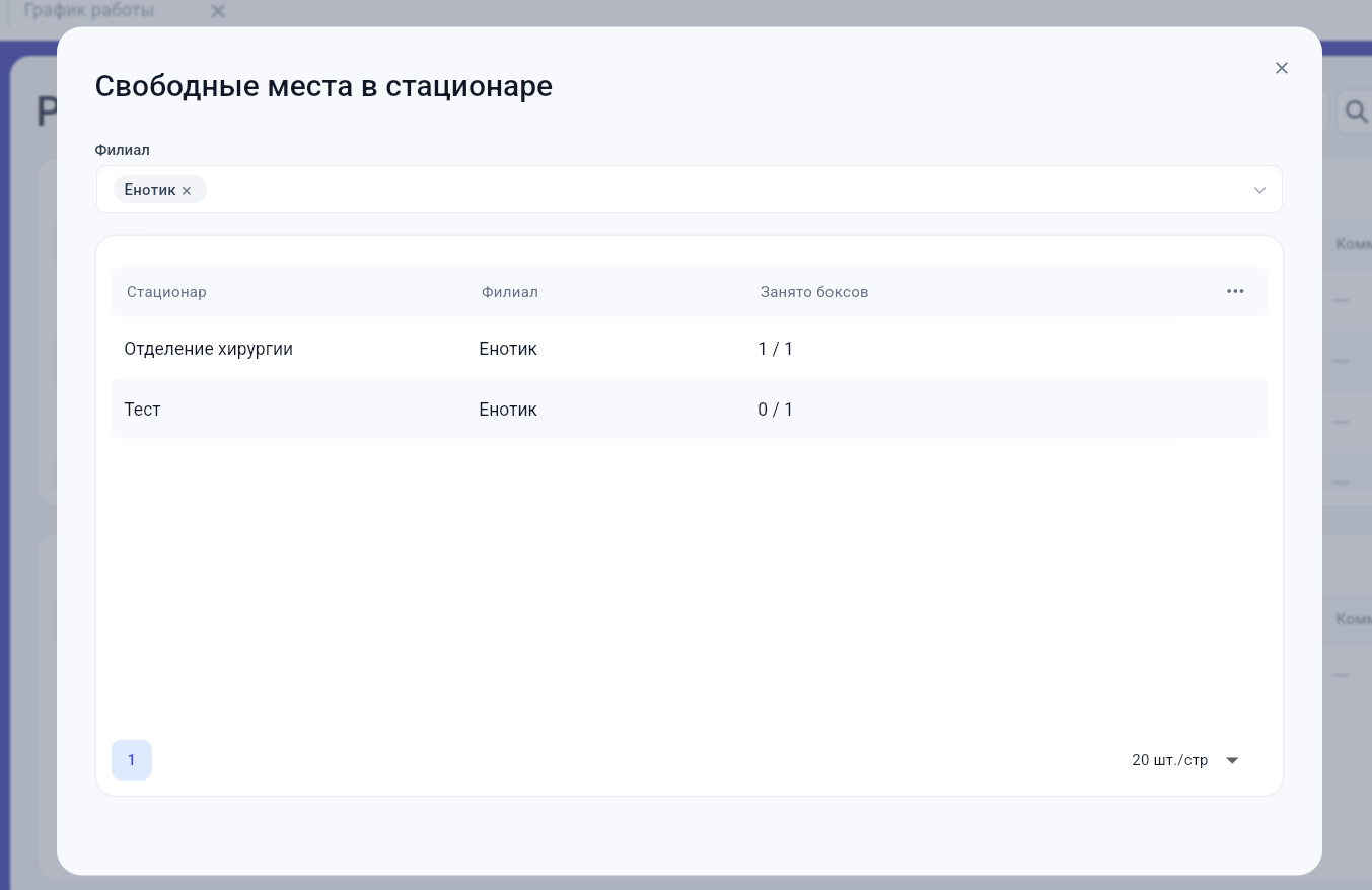 Количество занятых и свободных мест по стационарам выбранного филиала GetWell