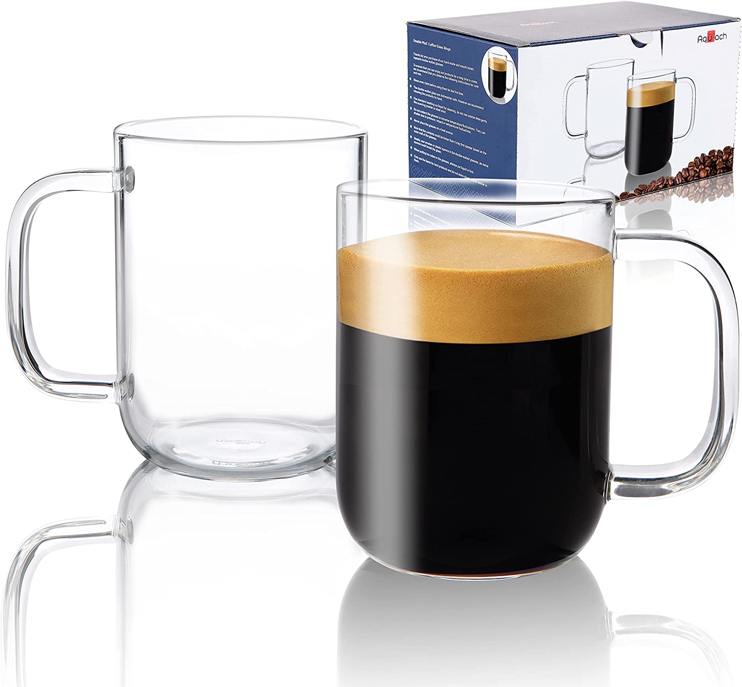 Ulrikco 12 oz Double Walled Glass Coffee Mugs, Clear Cappuccino Glass Mug Set of 4, Double Insulated Glass Coffee Mugs with Handle, Latte Mug