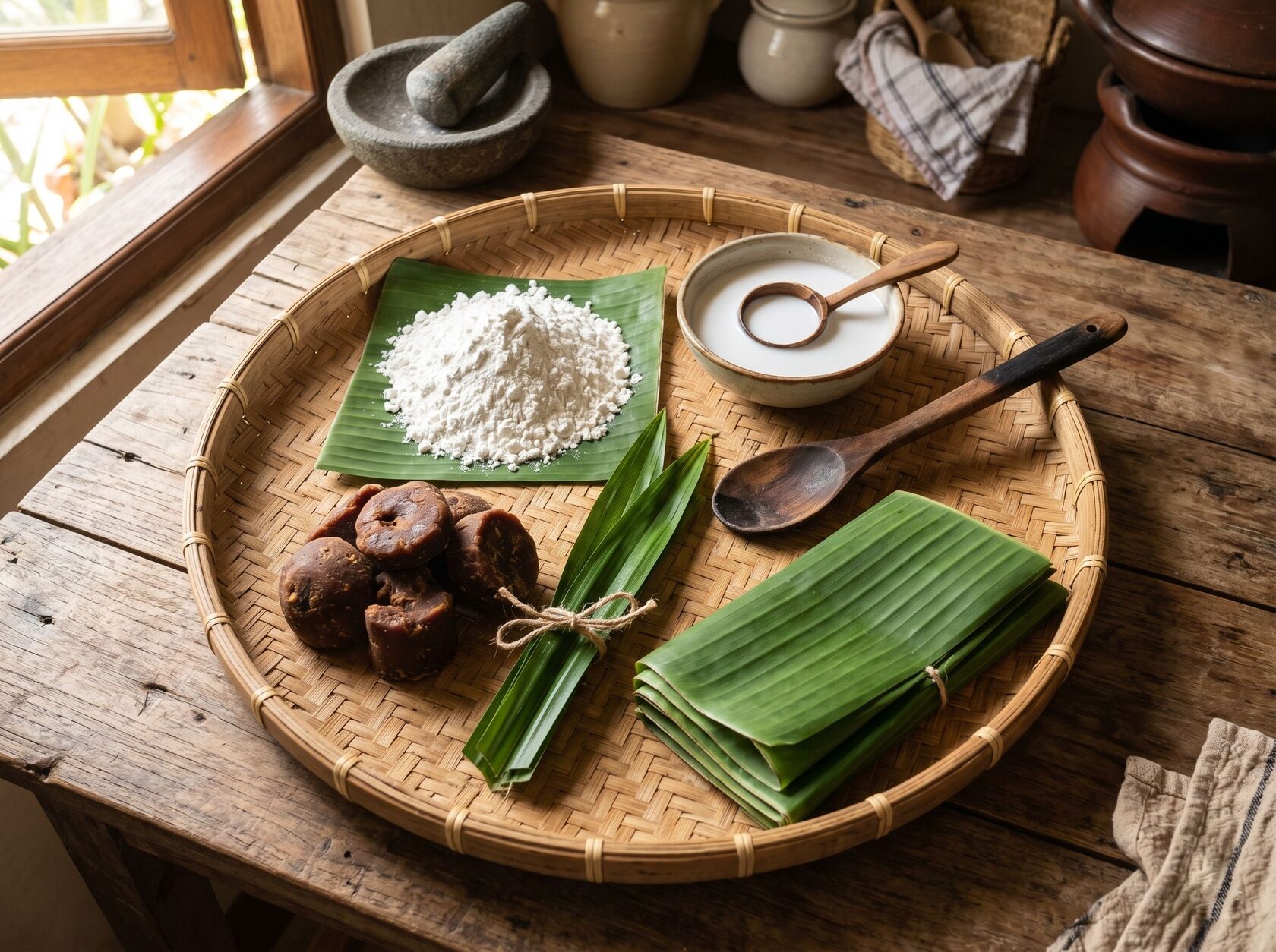Bahan tradisional dodol ketan santan gula merah pandan