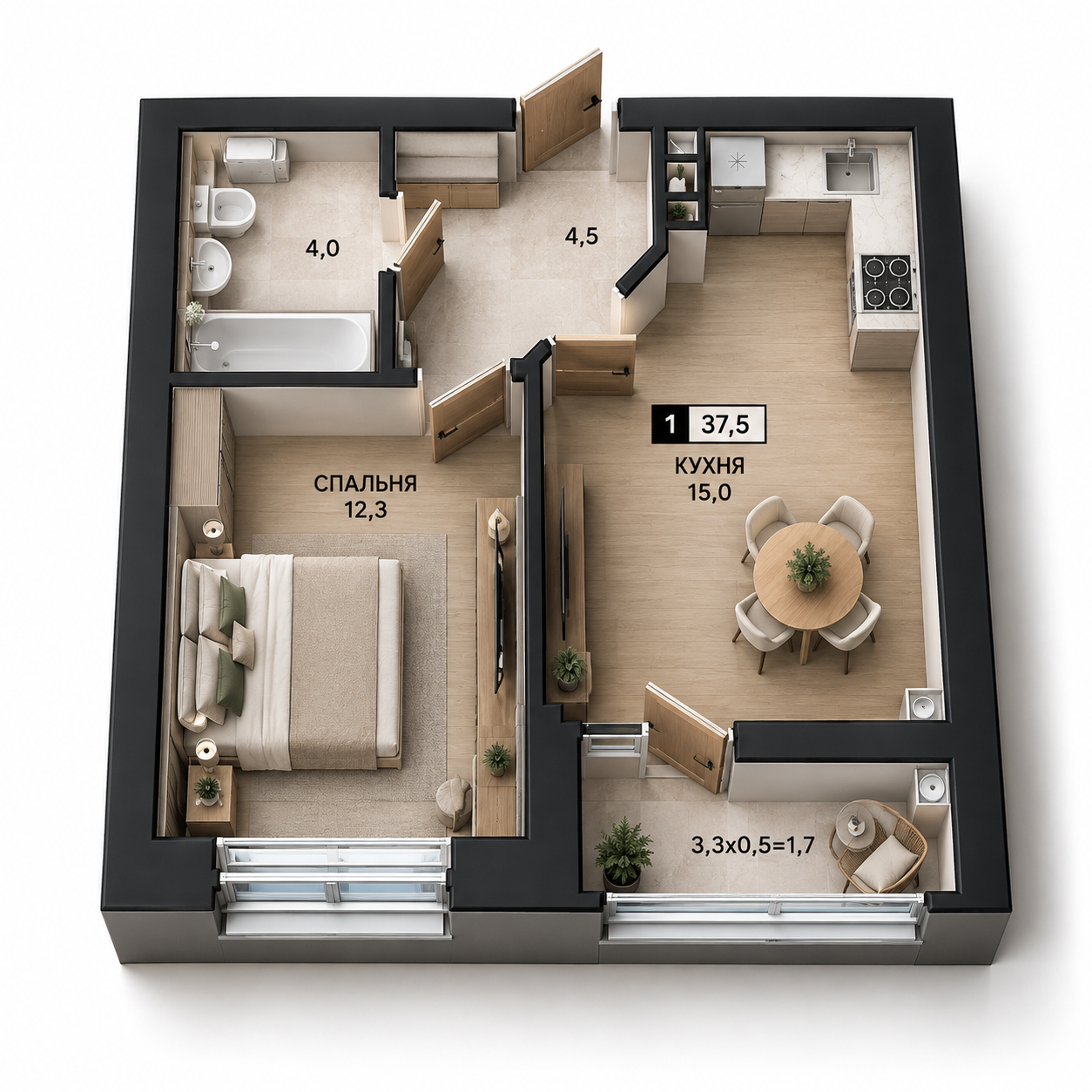 3D-планировка квартиры 37,5 м²