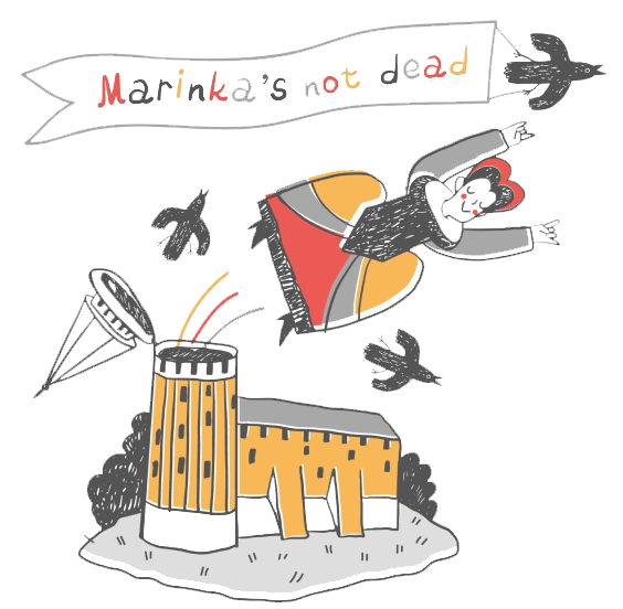 иллюстрация "Маринкина башня" девушка в платье вылетает из башни Коломенского кремля вместе с воронами 