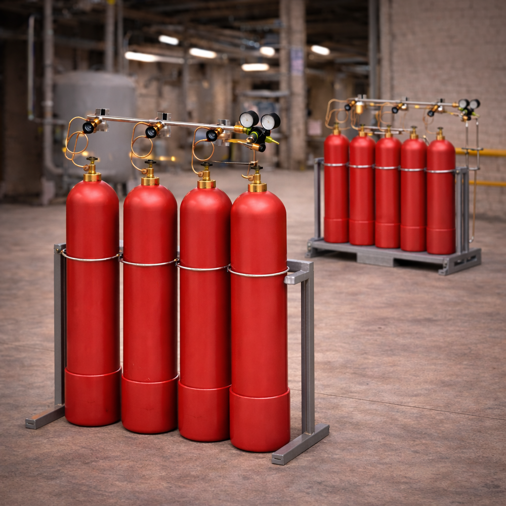 Две газовые рампы с группами красных газовых баллонов одного цвета без надписей, установленные на металлических напольных рамах и подключённые к распределительным коллекторам с медными трубками, редукторами и манометрами в промышленном помещении.
