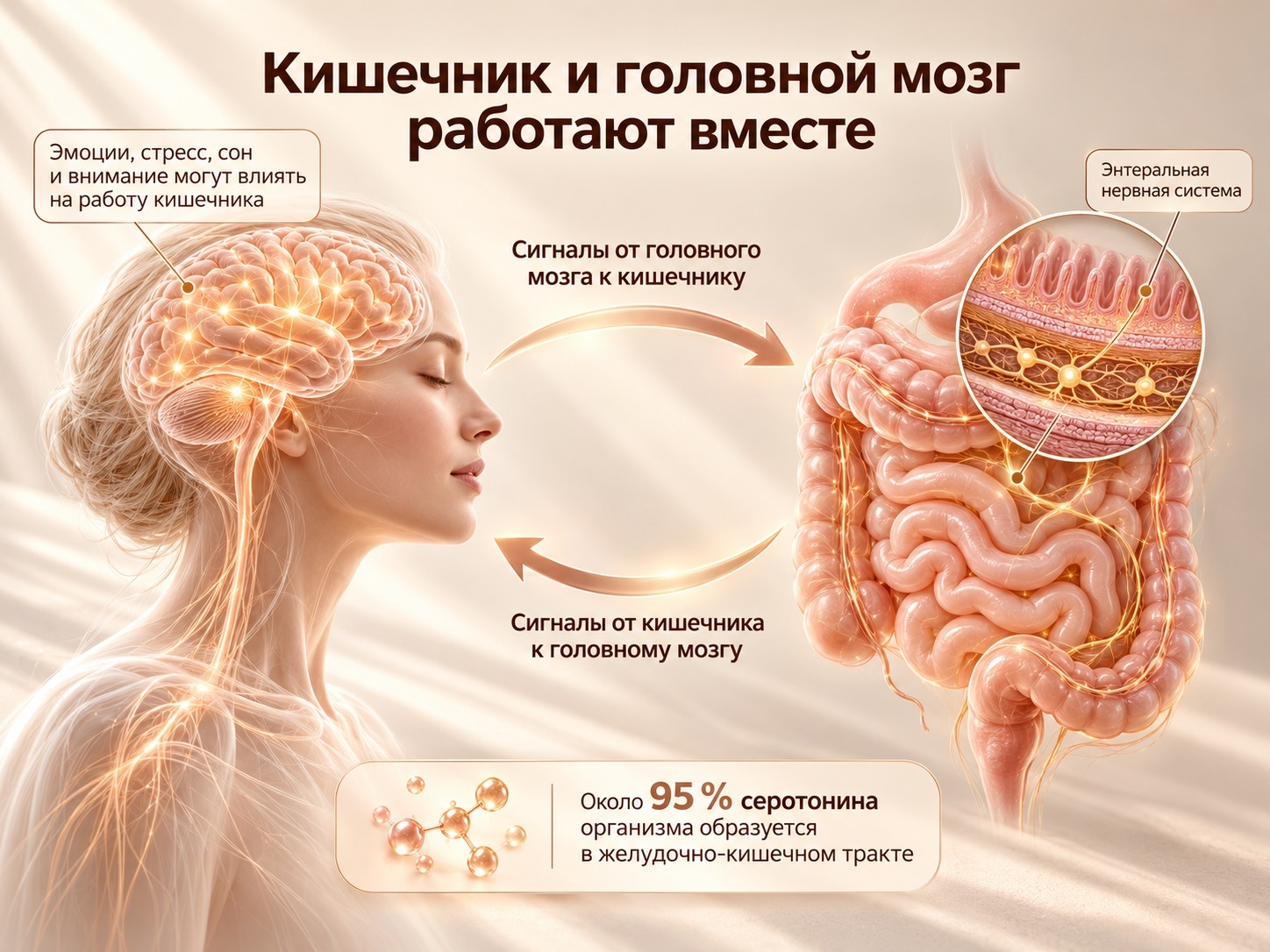 Кишечник и головной мозг обмениваются сигналами в обе стороны; энтеральная нервная система