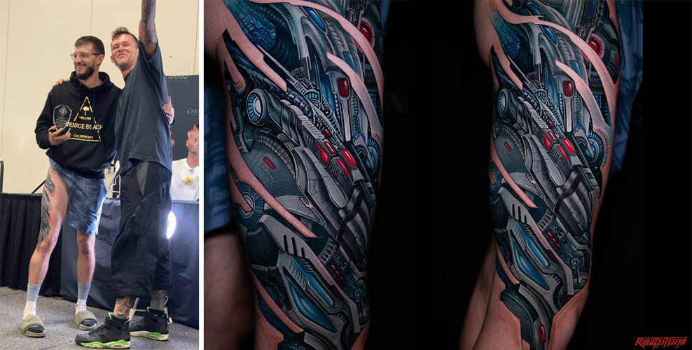 A detailed, cool-toned biomechanical tattoo with blue backlighting and red LEDs, inspired by cyberpunk aesthetics, by Rinat Mingazdinov, Los Angeles, West Hollywood