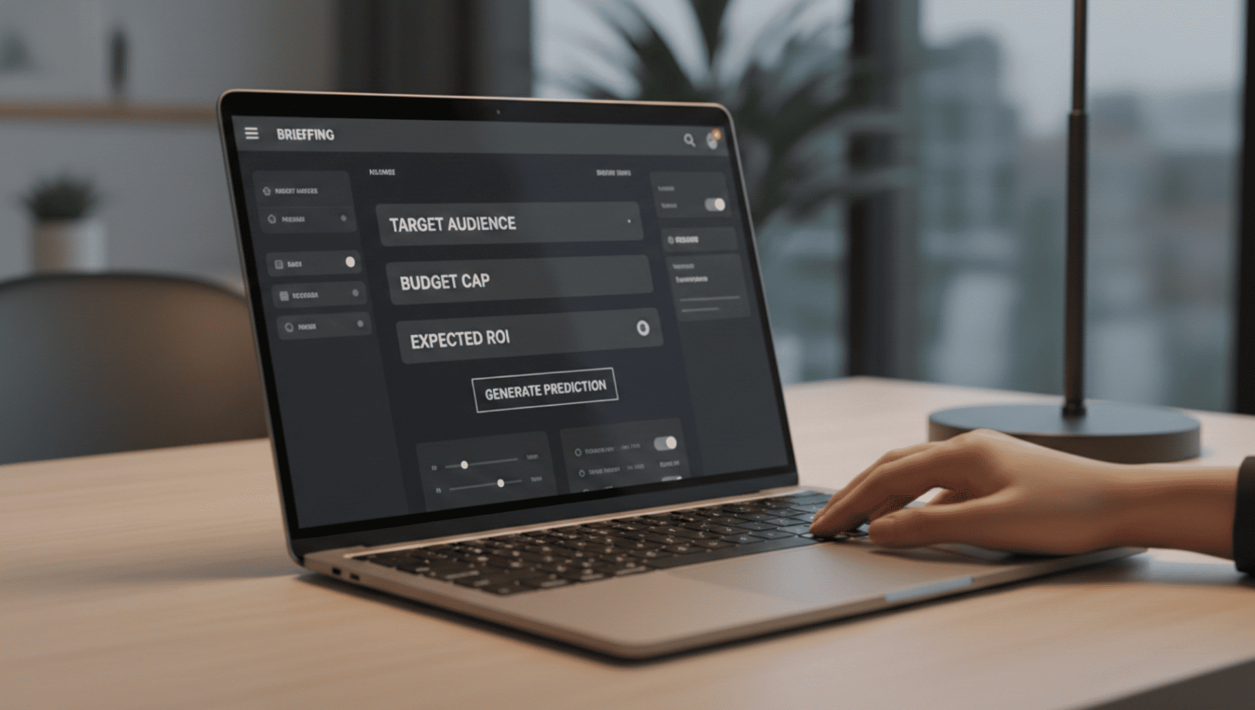 Marketing strategist using a predictive CPA briefing interface to model customer acquisition cost before campaign launch with AI-powered forecasting.