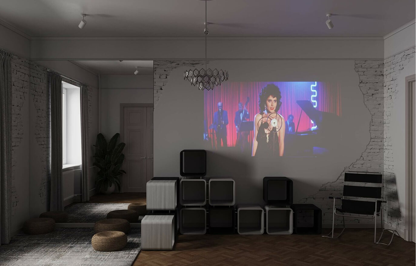 Дизайн интерьера, белый интерьер в стиле лофт, проктор на стене, изящная люстра, черный стлу и квадратные тумбы