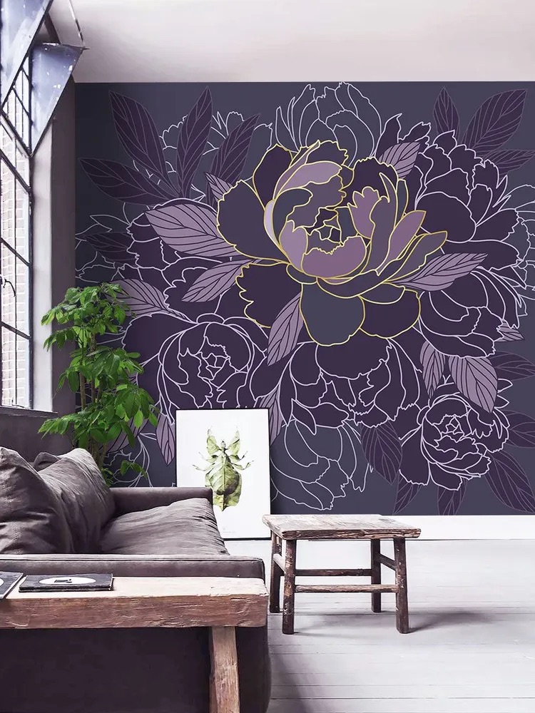 Тёмные обои с пионами в интерьере, ширина 3 метра