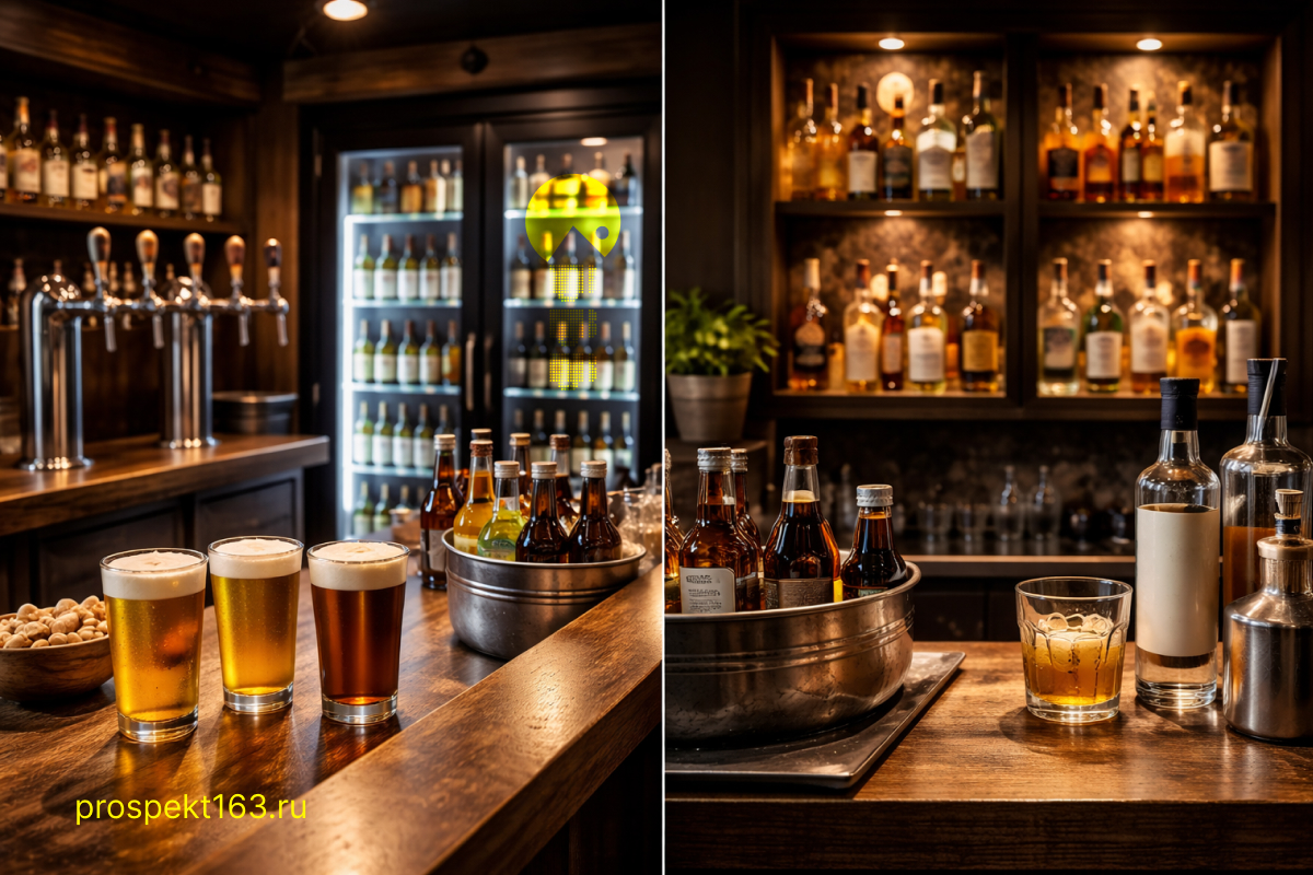 Барная стойка с разливным и бутылочным пивом рядом с отдельной зоной крепкого алкоголя