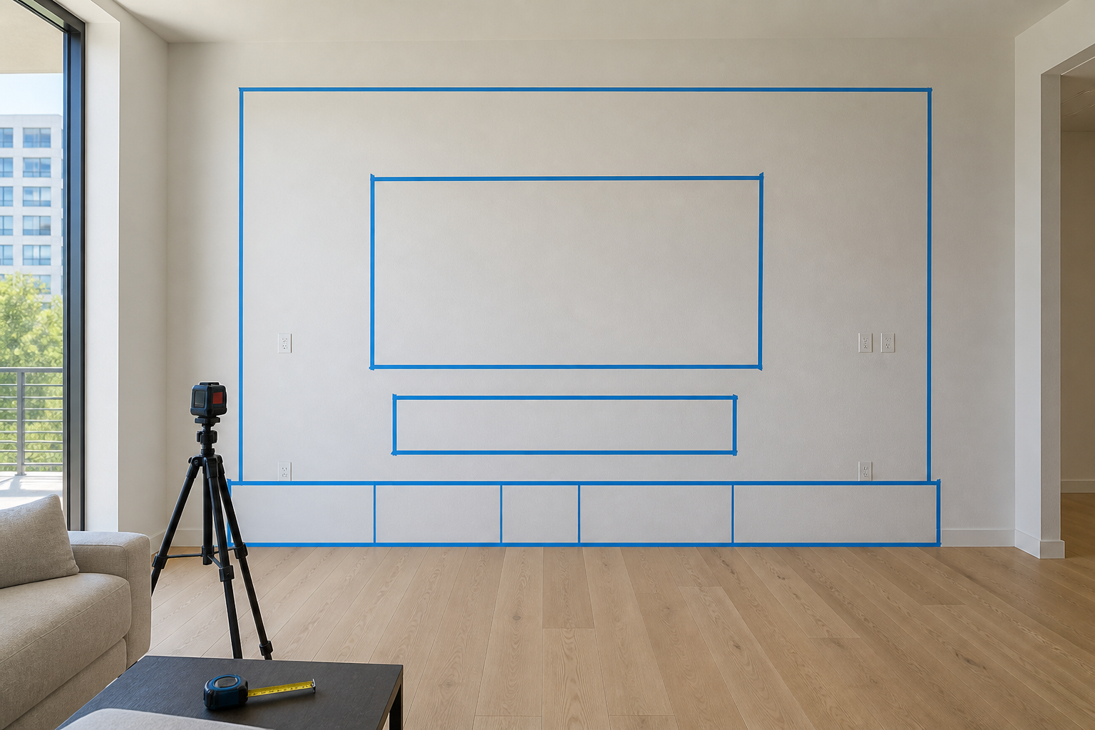 Painter’s tape outlines marking the planned TV, fireplace, and cabinetry during a custom media wall consultation