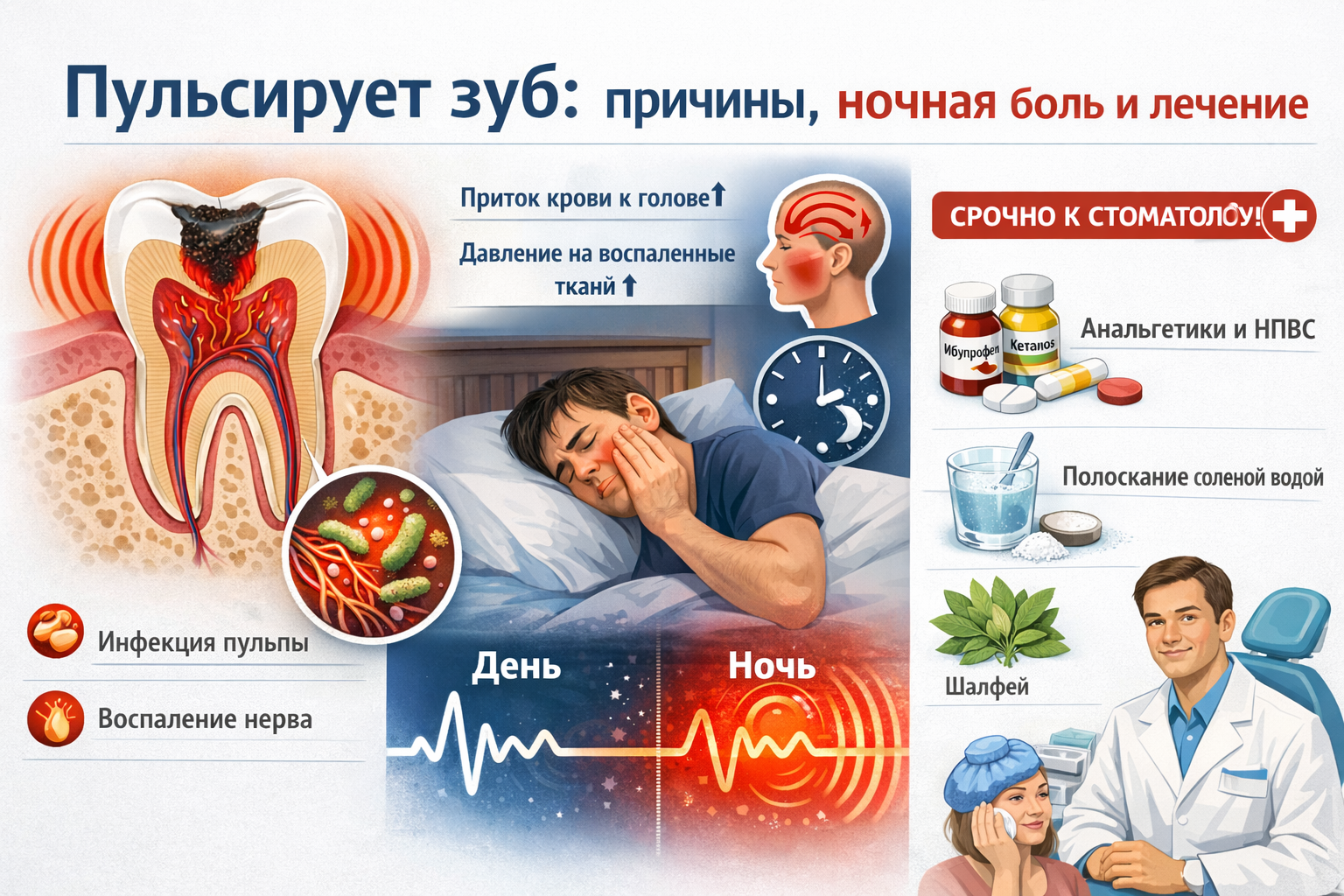 Пульсирует зуб: почему возникает боль, почему она усиливается ночью и как ее лечить?