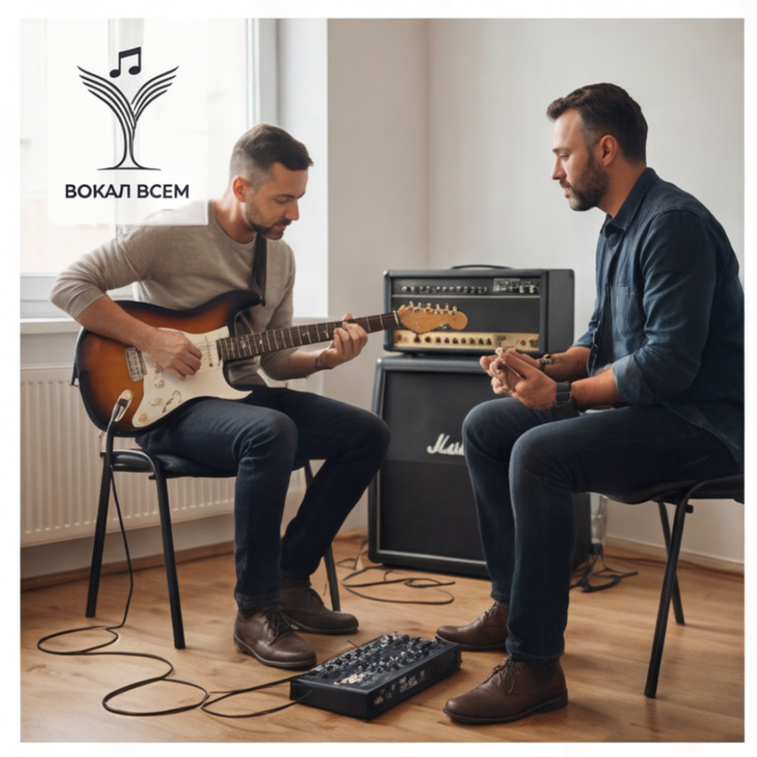 Взрослый на уроке электрогитары в Москве Вокал Всем