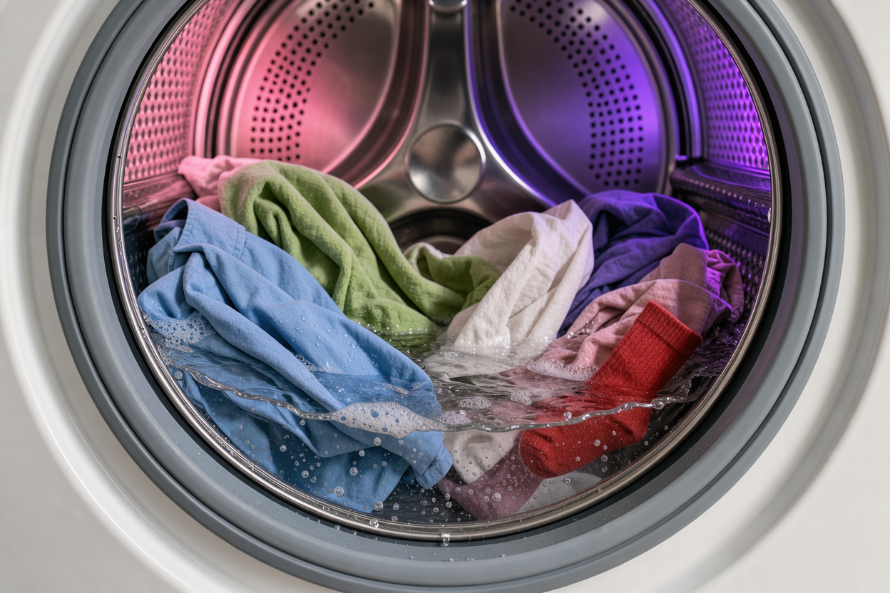Interior view of a washing machine drum mid-cycle with mixed fabrics visible, emphasis on water and gentle agitation, no recognizable product labels