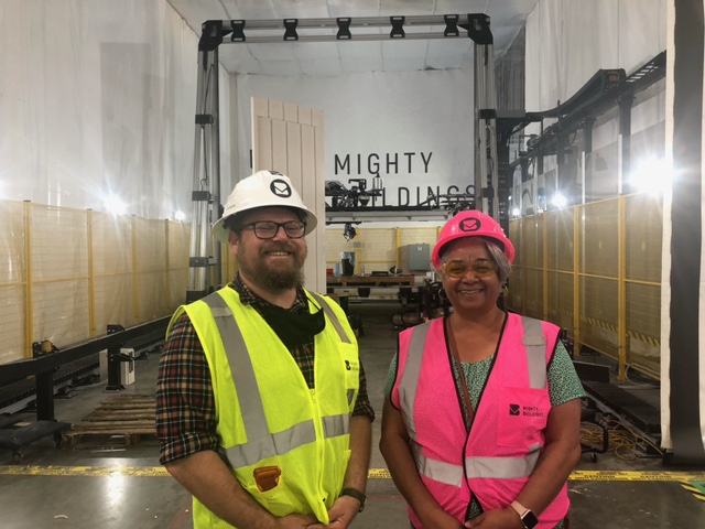 Sam Ruben and Cecily Joseph at the Mighty Buildings construction site in Oakland, California.