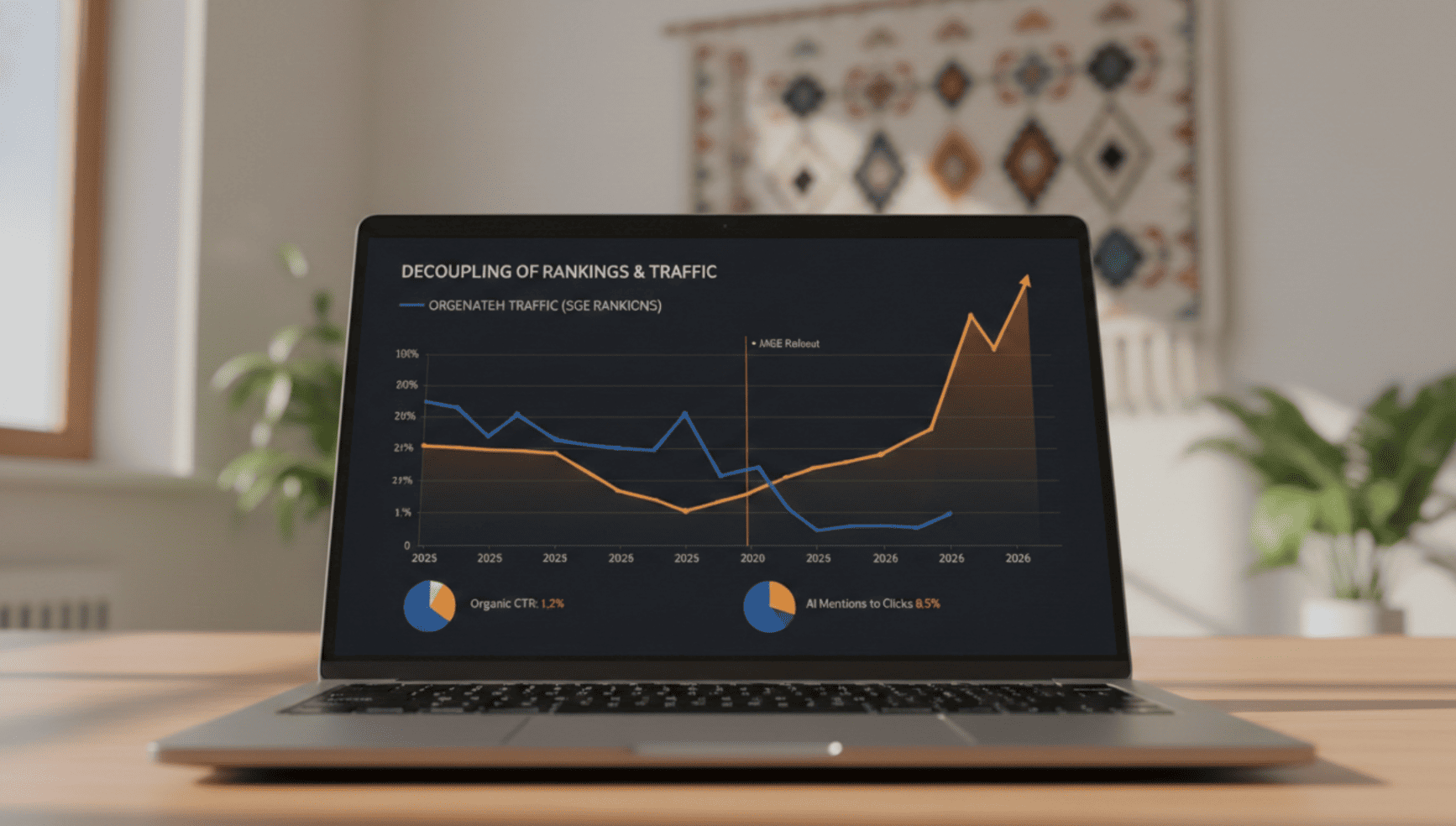 Laptop screen displaying analytics showing diverging trends between traditional organic traffic and AI search visibility, illustrating the GEO vs SEO gap in a modern marketing office.