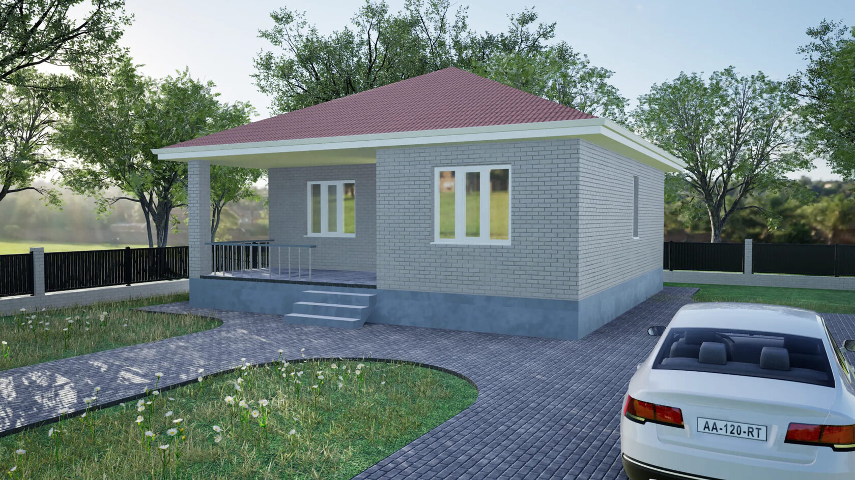 Одноэтажный дом в Ставрополе из белого силикатного кирпича с большой террасой и бордовой крышей