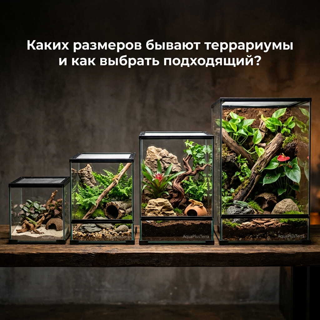 Стеклянные террариумы разного размера AquaPlusTerra в ряд от 30 до 200 литров с естественным декором и надписью Каких размеров бывают террариумы и как выбрать подходящий.