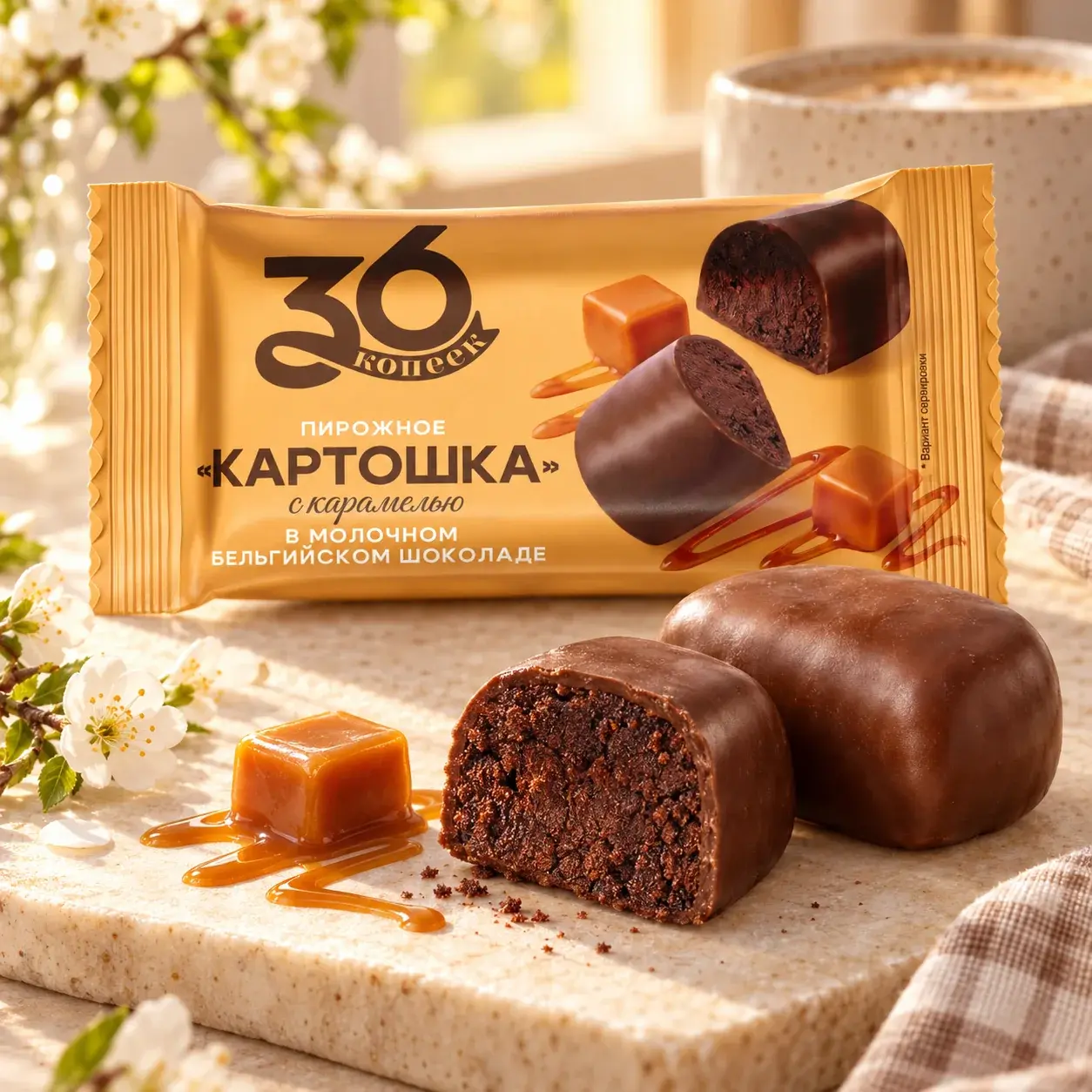 Пирожное «картошка» с карамелью в молочном бельгийском шоколаде — упаковка 36 копеек