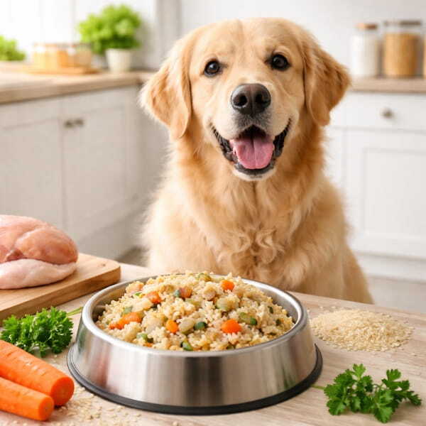 Золотистый ретривер в квартире рядом с миской натуральной еды для собак, домашняя атмосфера и здоровое питание