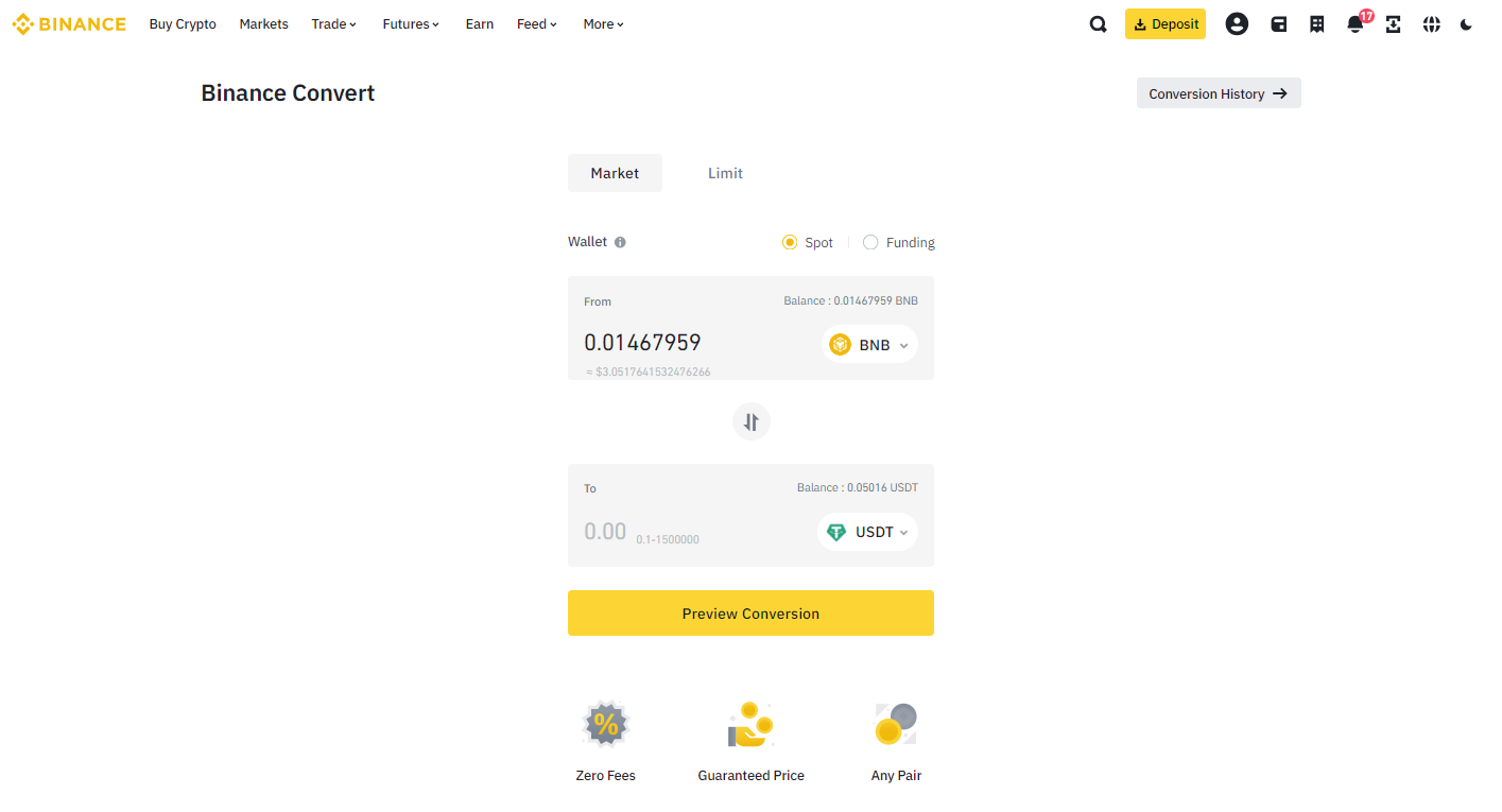 Converting BNB to USDT via Binance Convert