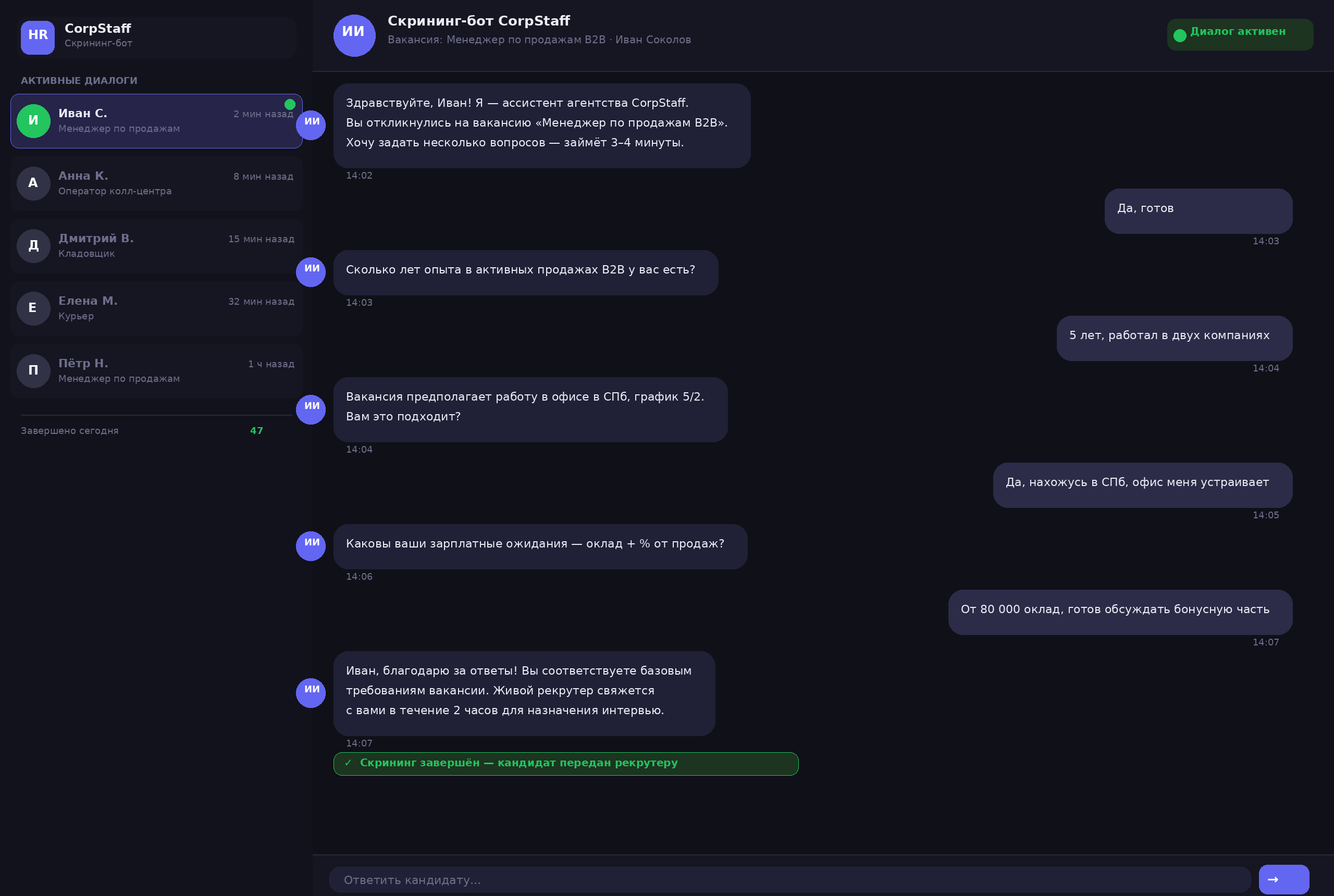 Воронка найма с этапами от получения заявки до интервью с живым рекрутером, визуализирующая фильтрацию кандидатов