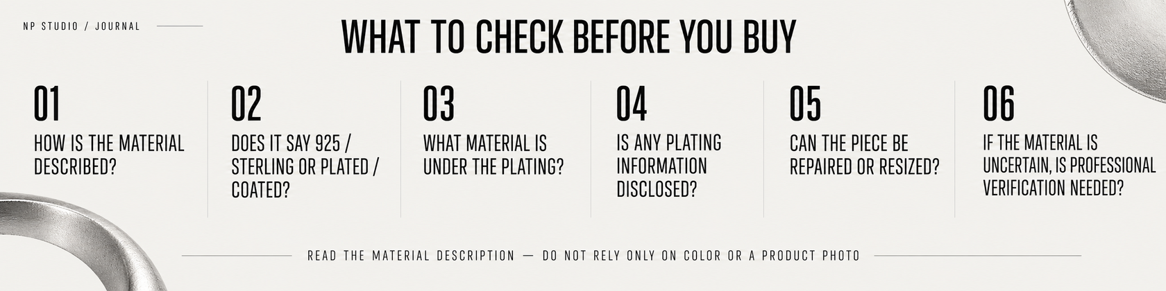 What to check before buying silver jewelry: material description, 925 or plated, base material, plating information, repair and professional verification