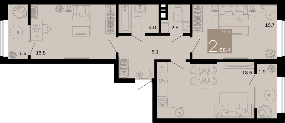 Двухкомнатная квартира 68.4 м²