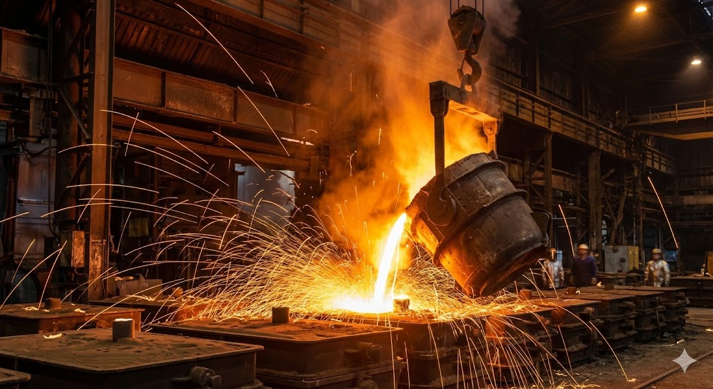 Разливка раскаленной стали из ковша в цехе металлургического завода 