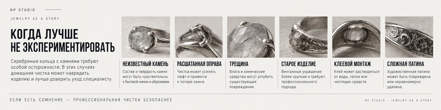 Когда не стоит экспериментировать с чисткой серебряного кольца с камнем: неизвестный камень, расшатанная оправа, трещина, старое изделие, клей, сложная патина