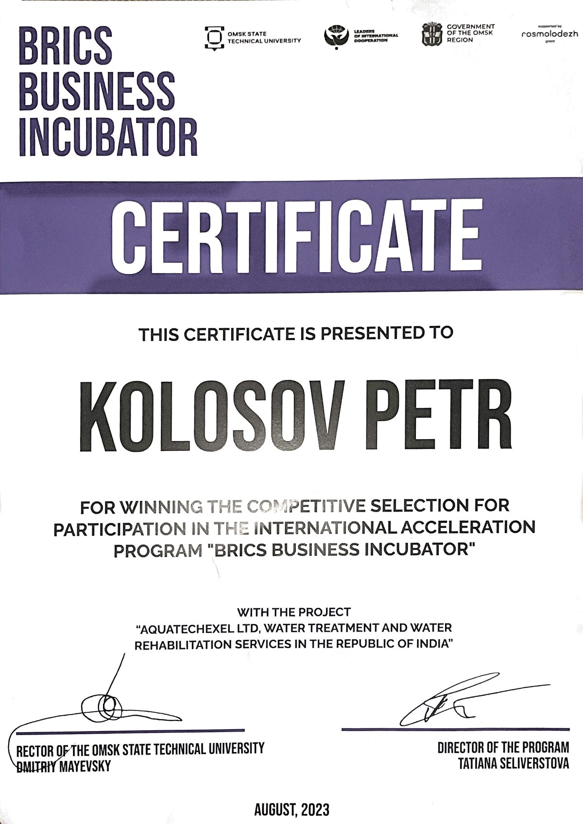 BRICS Business Incubator certificate