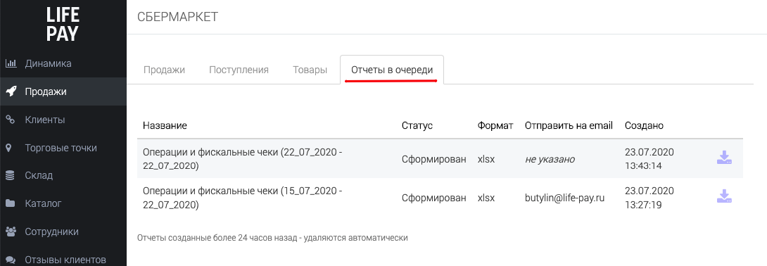 Вкладка «Отчёты в очереди» со сформированными отчётами