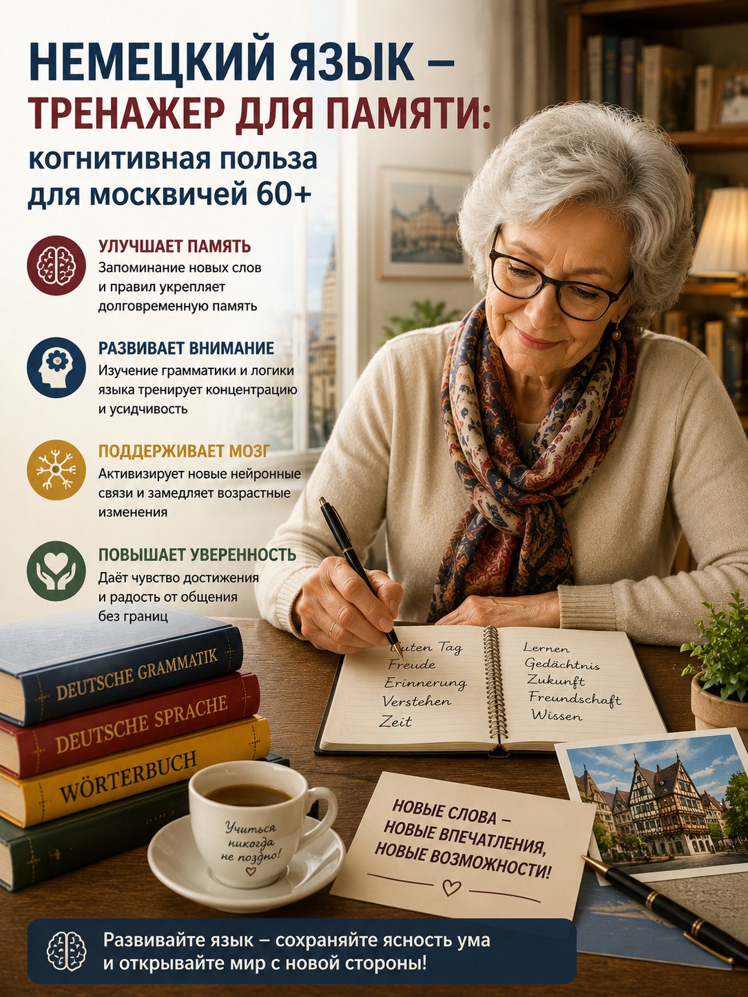 Немецкий язык как тренажер для памяти: когнитивная польза для москвичей 60