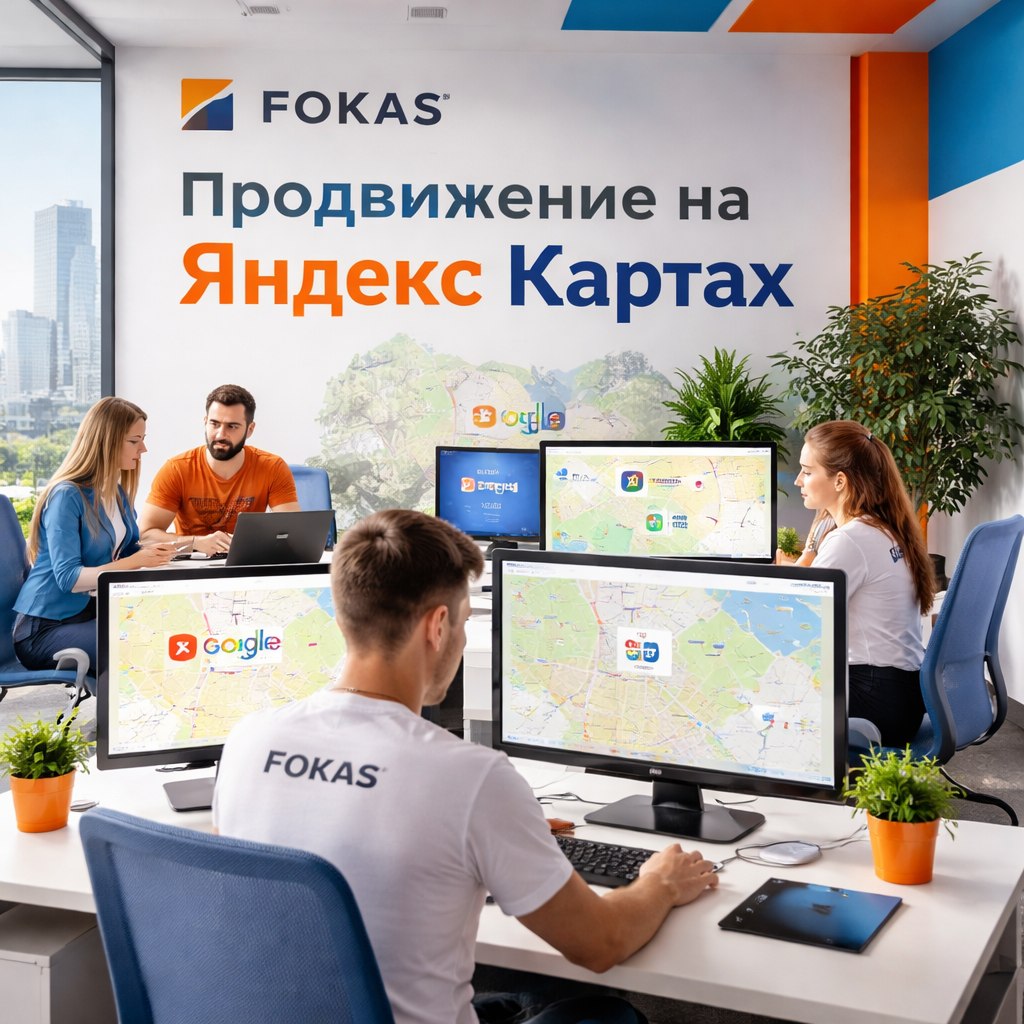 Команда FOKAS работает над продвижением бизнеса на Яндекс Картах в современном офисе