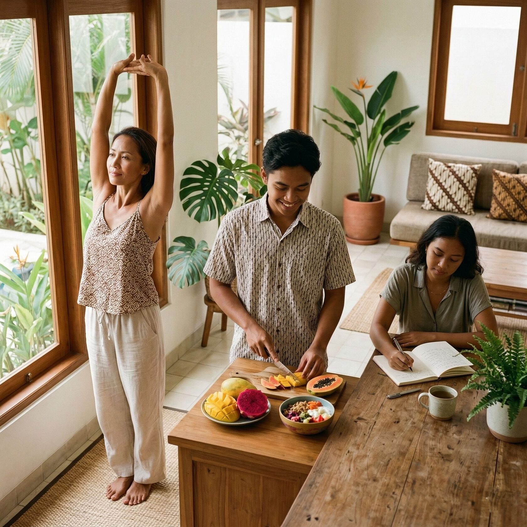 Keluarga menjalani rutinitas sehat di rumah dengan peregangan, menyiapkan buah, dan menulis jurnal sebagai ilustrasi kebiasaan harian yang mendukung kesehatan mental