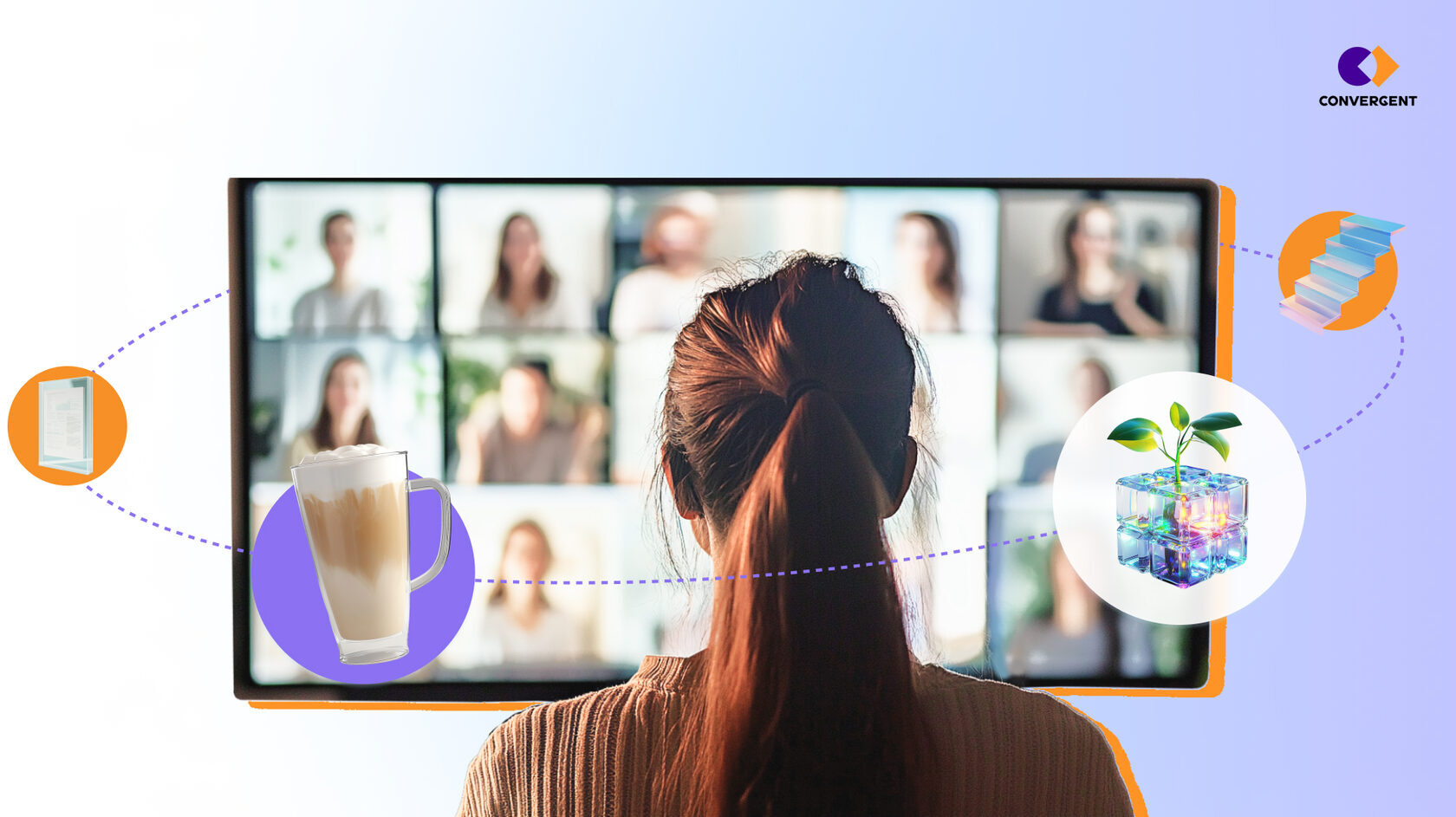 Девушка смотрит в монитор с большой онлайн-конференцией